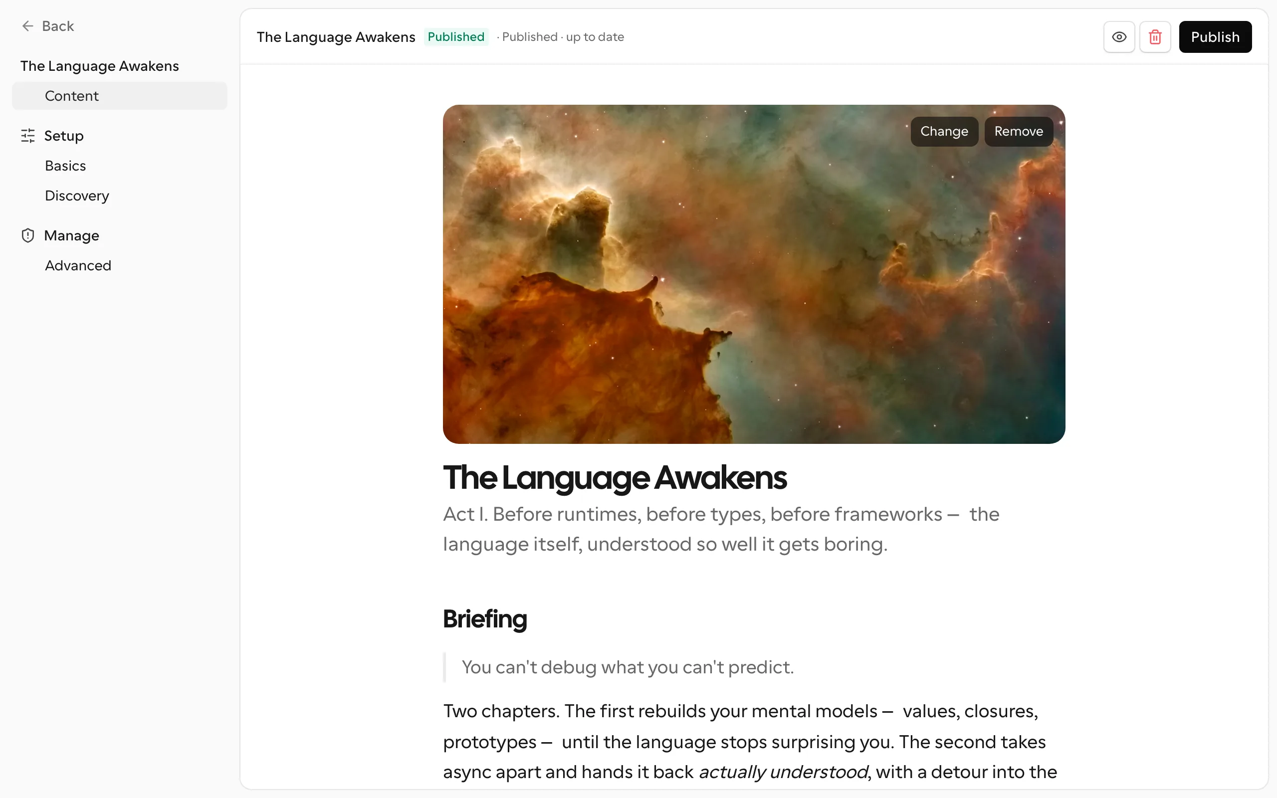 A material's editor with the slim navigation: Content, Setup, and Manage only
