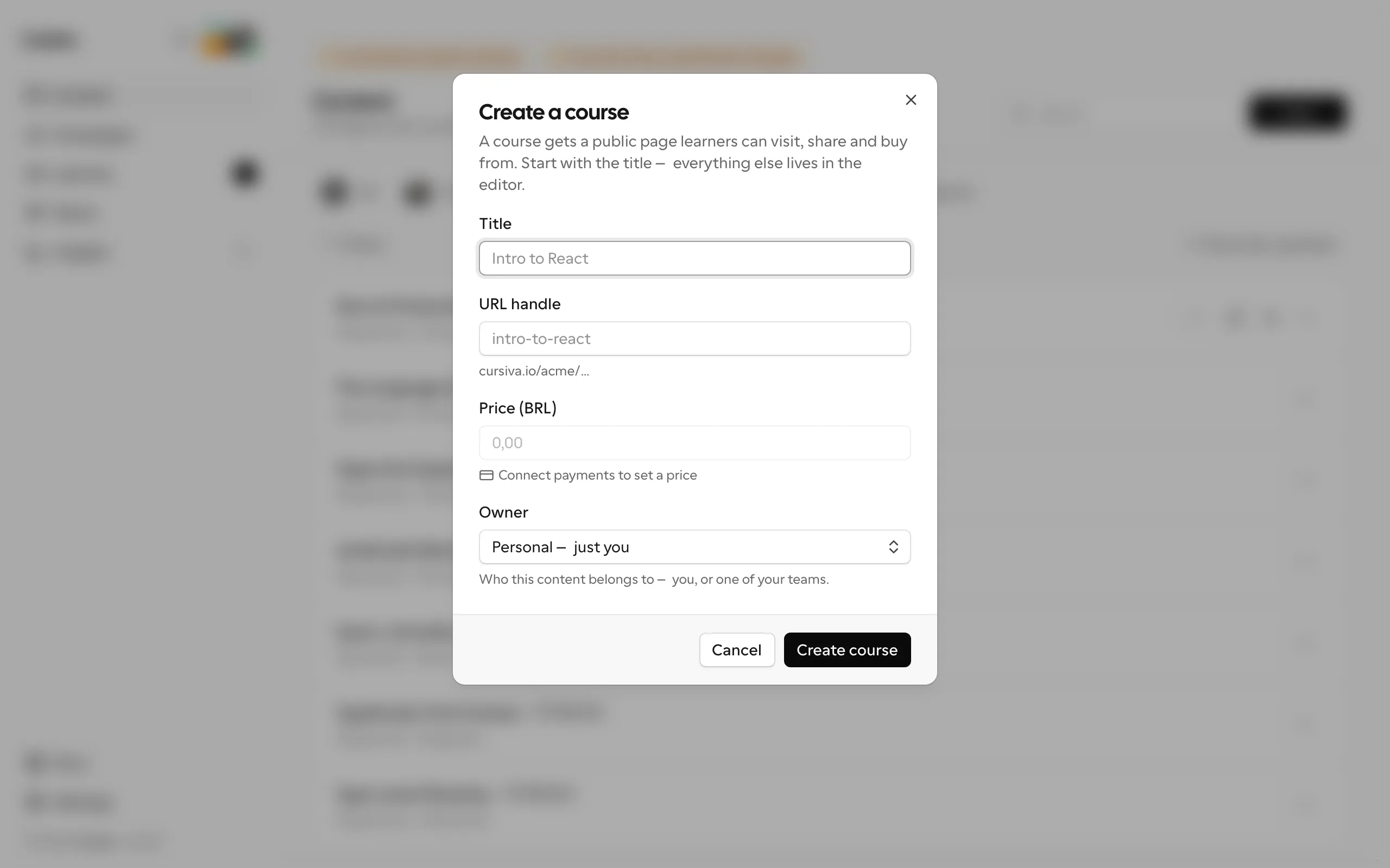 The New course dialog: title, auto-derived editable handle, and optional price